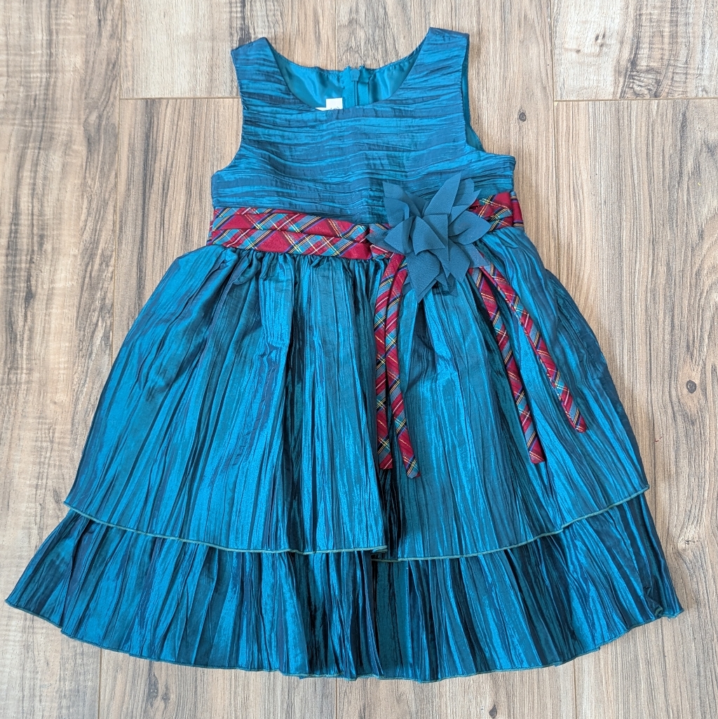 Bonnie Jean Teal Dress With Red Plaid Accent